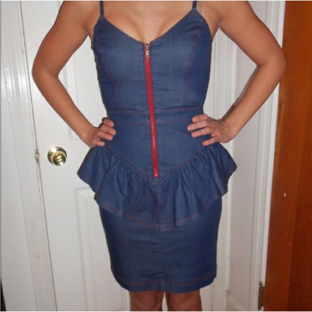 Betsey Johnson Vintage Pinup Peplum Denim Dress Sz 10 RUNS SMALL